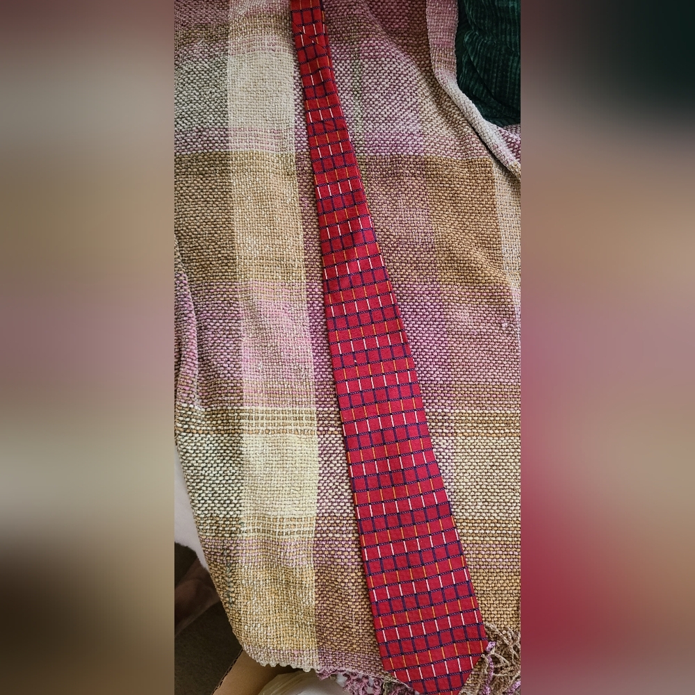 Imported Silk Tie. 4'9". Red W/Blue, White & Yellow Squares. Adult/teen/child